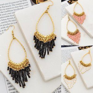 NEW Tear Drop Hoop Beaded Tassel Fringe Drop Statement Earrings Black Ivory Pink